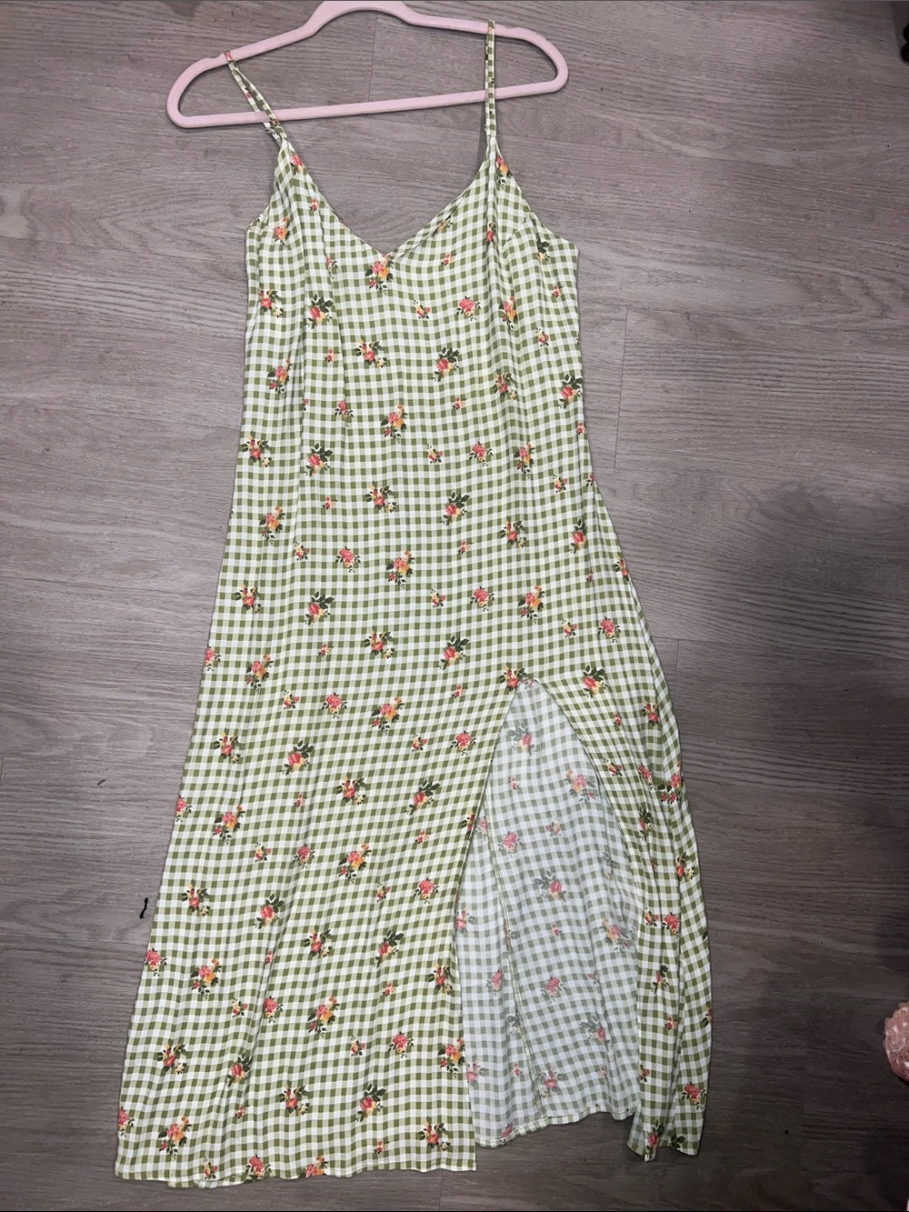 Reformation Green Gingham Floral Midi Slip Dress